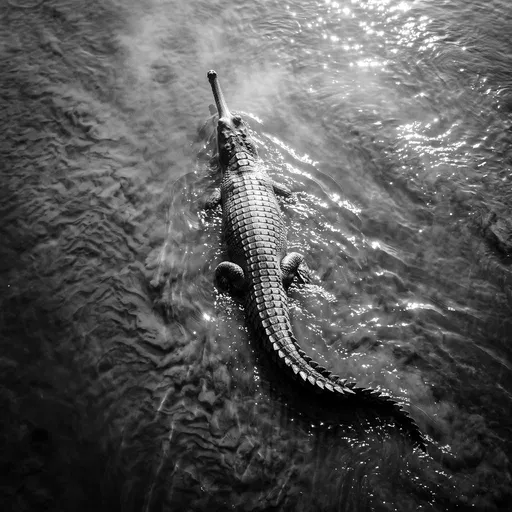 Monochrome Aerial View of Gharial Crocodile