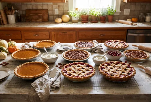 Assorted Thanksgiving Pies on Kitchen Counter