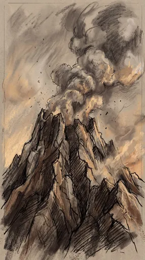 Charcoal Sketch of Erupting Volcano Peak