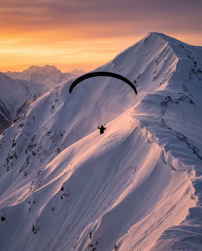 Paraglider Soaring Over Sunset Alpine Ridge