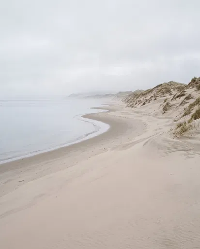 Misty Coastal Dunes and Calm Shoreline