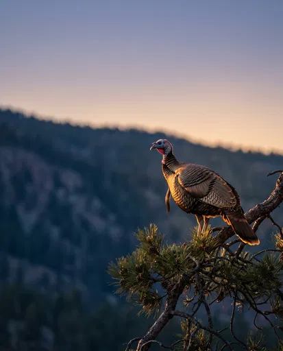 Wild Turkey Perched on Pine Branch