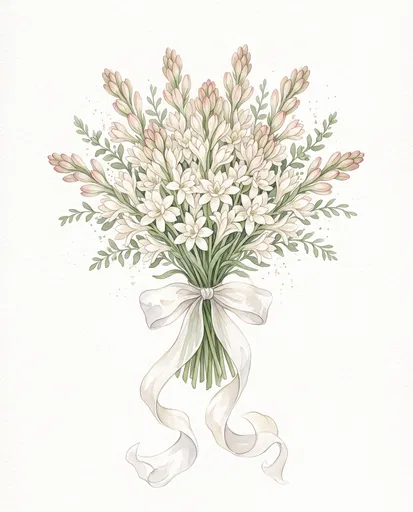 Watercolor Tuberose Bridal Bouquet With Silk Ribbon