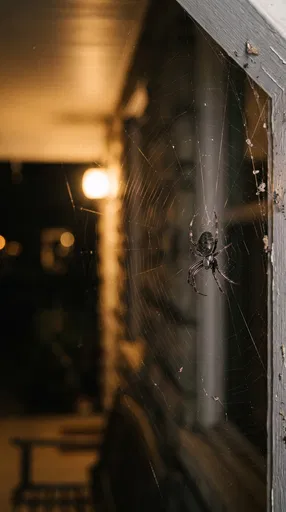 Black Orb-Weaver Spider on Night Porch Web