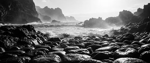 Monochrome Volcanic Cobblestone Beach and Cliffs