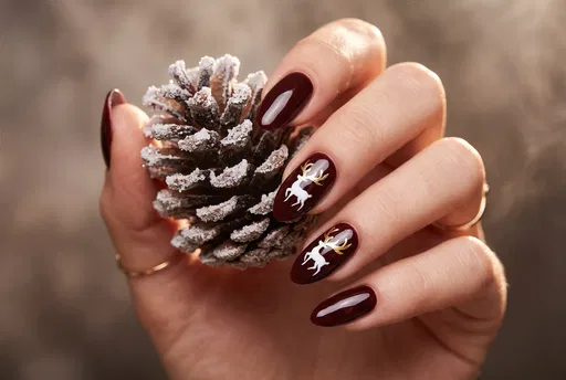 Burgundy Christmas Nails With Reindeer Art