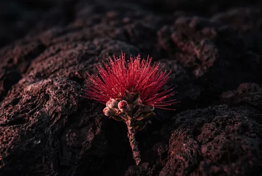 Red Ohia Lehua Blossom on Lava Rock