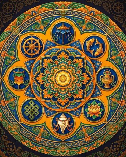 Ornate Mandala with Eight Buddhist Symbols