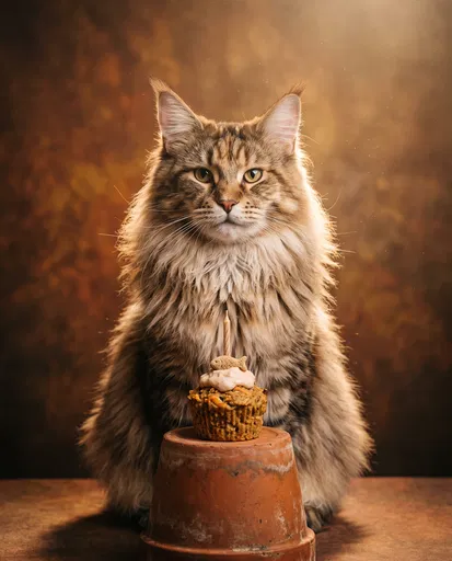 Maine Coon Cat With Birthday Cupcake