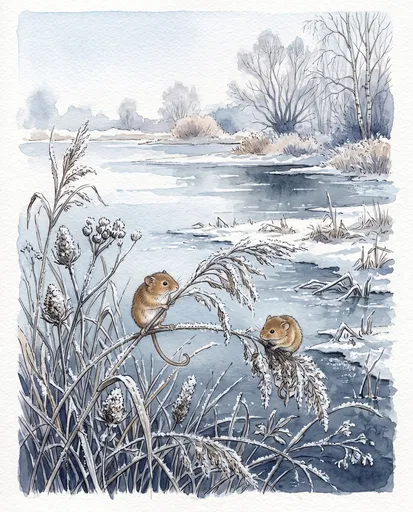 Watercolor Harvest Mice on Winter Reeds