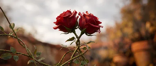 Two Intertwined Red Roses with Dewdrops