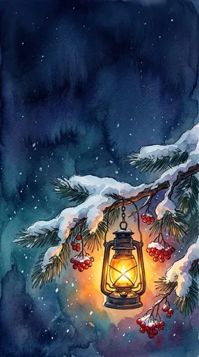 Glowing Lantern on Snowy Pine Branch