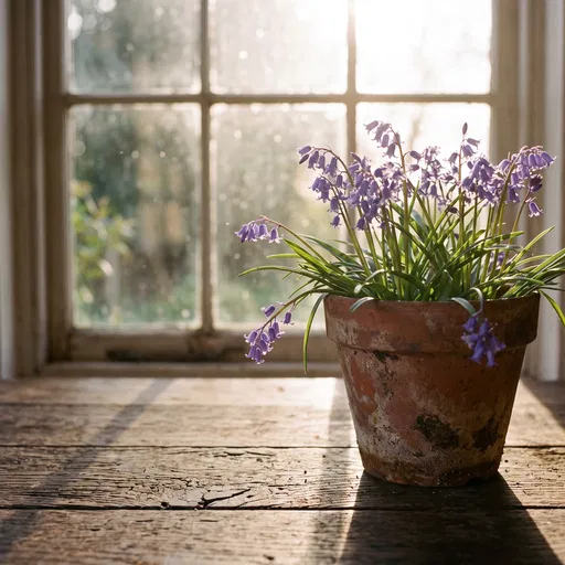 Potted Bluebells on Wooden Table by Window
