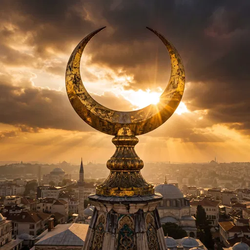 Golden Islamic Crescent Over Sunset Cityscape