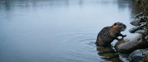 Wet Nutria Emerging Onto River Stone
