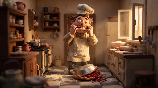 Claymation Baker Grimacing Over Dropped Pie