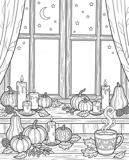 Cozy Autumn Windowsill Coloring Page Illustration