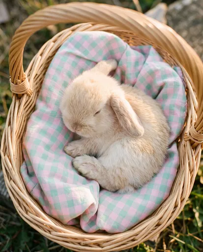 Baby Cream Bunny Sleeping in Basket