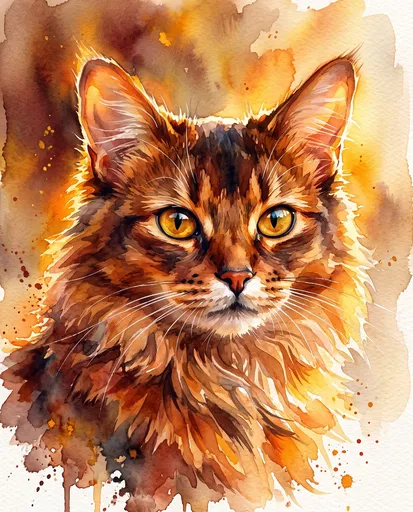 Golden Eyed Brown Cat Watercolor Portrait