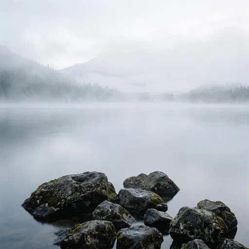Misty Alpine Lake With Mossy Boulders