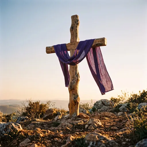 Wooden Cross with Purple Cloth at Sunset