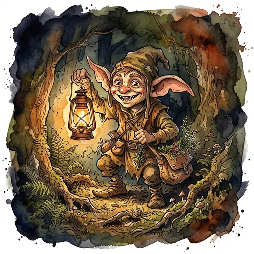 Watercolor Goblin Herbalist Holding Glowing Lantern