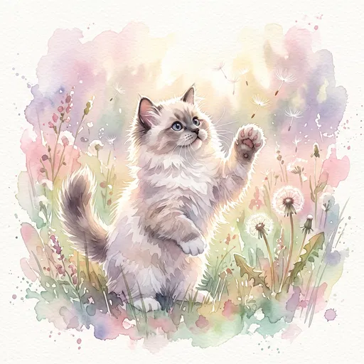 Watercolor Ragdoll Kitten Batting Dandelion Seeds