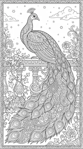 Ornate Peacock Adult Coloring Page Line Art