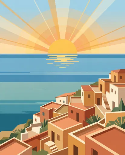 Geometric Mediterranean Coastal Sunrise Illustration