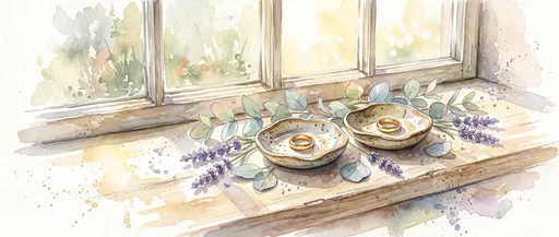 Watercolor Wedding Rings on Sunlit Windowsill
