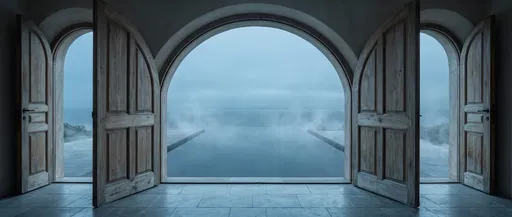 Arched Wooden Doors to Misty Infinity Pool