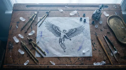 Icarus Tattoo Stencil on Artist Desk