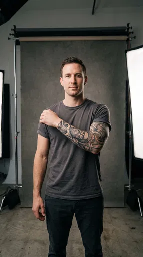 Man Displaying Poseidon Forearm Tattoo in Studio