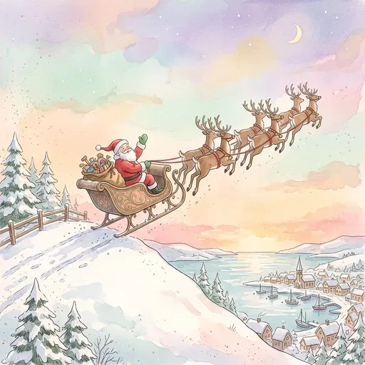 Watercolor Santa Claus Flying Over Harbor Town
