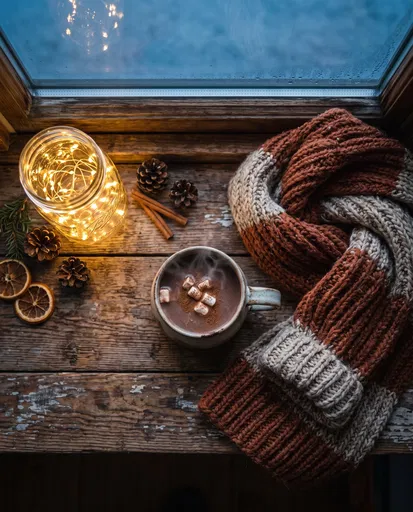 Cozy Windowsill with Cocoa and Scarf