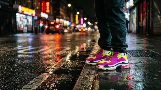 Neon Chunky Sneakers on Wet Night Street