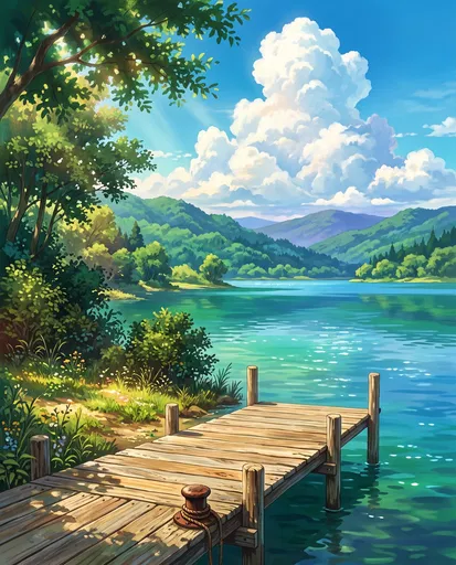Anime Summer Lake and Wooden Pier