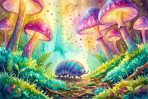 Watercolor Roly-Poly Under Glowing Mushrooms
