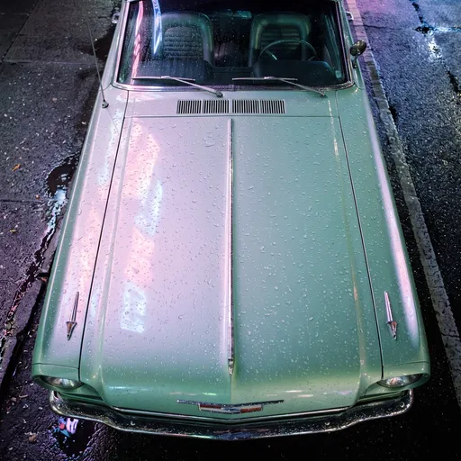 Vintage Mint Green Car in Rain