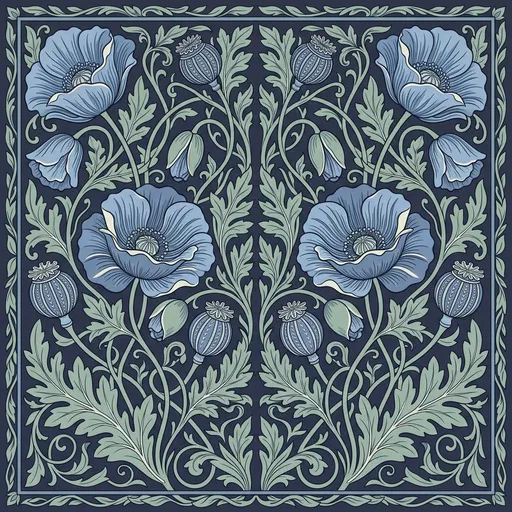 Symmetrical Blue Poppy Arts and Crafts Illustration