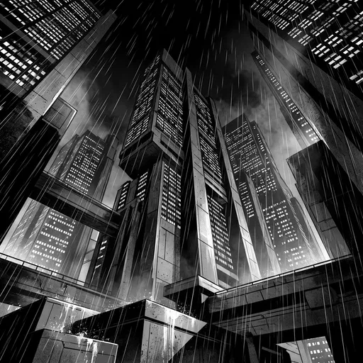 Monochrome Noir Brutalist Cityscape in Rain