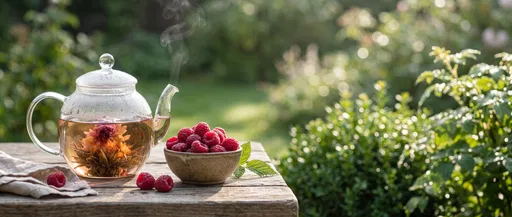Blooming Tea and Raspberries in Garden