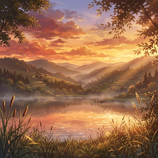 Anime Sunset Lake and Terraced Hills