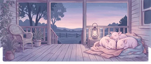 Three Piglets Sleeping on Porch at Twilight