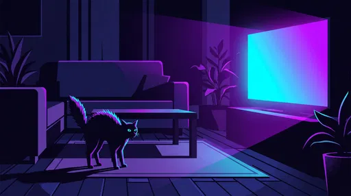 Scared Cat in Neon Living Room