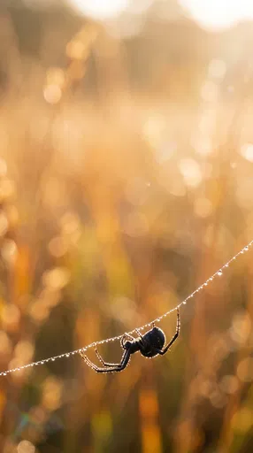 Backlit Black Spider on Dewy Silk