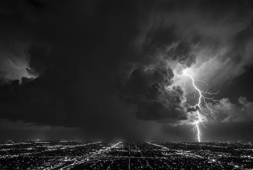 Monochrome Lightning Strike Over Night Cityscape