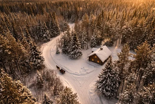 Aerial View of Snowy Cabin and Sleigh