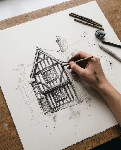 Hand Sketching Tudor House in Charcoal