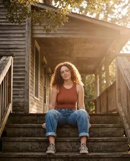 Woman in Baggy Jeans on Porch Steps